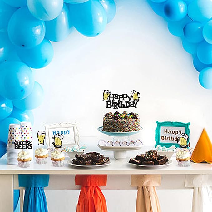 Ercadio 25 PCS Beer Party Cupcake Toppers Cheers and Beers Happy Birthday Decor for Beer Kegs Cake Topper Favor for Summer Family Party Decor Supplies