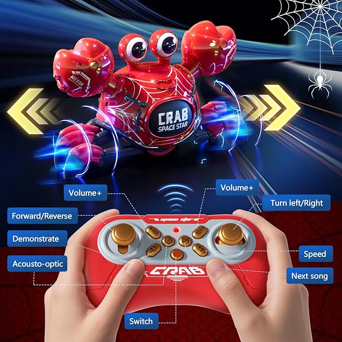Remote Control Robot Crab Toy, Rechargeable With LED Lights And Music, Fast Crawling 360-Degree Stunt Rotation, 2.4GHz RC Robot Toys, 3 4 5 6 7 8 9 10 Birthday Gifts For Boys And Girls (Red)