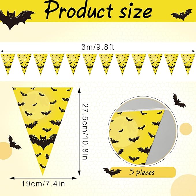 5 Pcs Bat Birthday Pennant Banner Decorations Pre Strung Bat Flag Banner Hero Party Supplies Decorative Yellow and Black Photo Booth Backdrop for Birthday Party Decor
