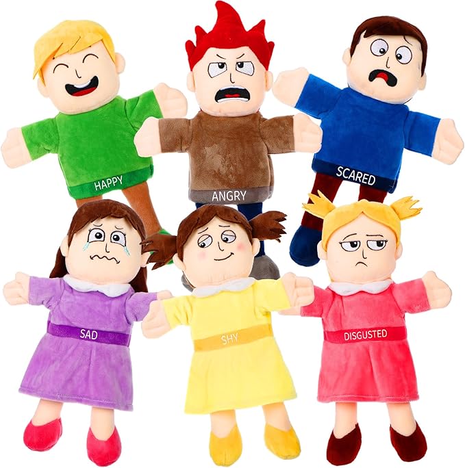 Lenwen 6 Pcs Feelings Hand Puppets for Kids, Emotions Toys, Soft Plush Sensory Puppets with Movable Limbs, Core Emotions Set for Storytelling, Social Emotional Learning Activities