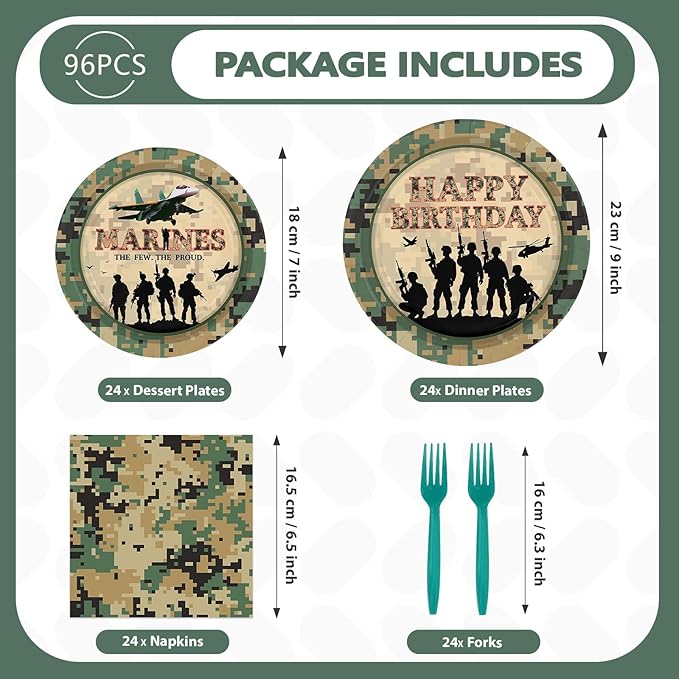 96Pcs Military Camo Birthday Party Supplies Army Camouflage Plates and Napkins Disposable Solider Themed Tableware Set for Boys Men Birthday Camping Hunting Party Decorations Serves 24