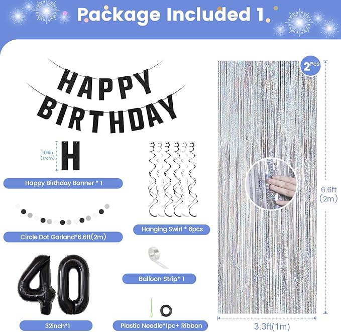 40th Birthday Decorations for Men Women- Black Silver Happy 40th Birthday Party Decor With Banner Backdrop,Number 40 Foil Balloon -Black White Balloons Garland Arch Kit for 40 Years Old Anniversary