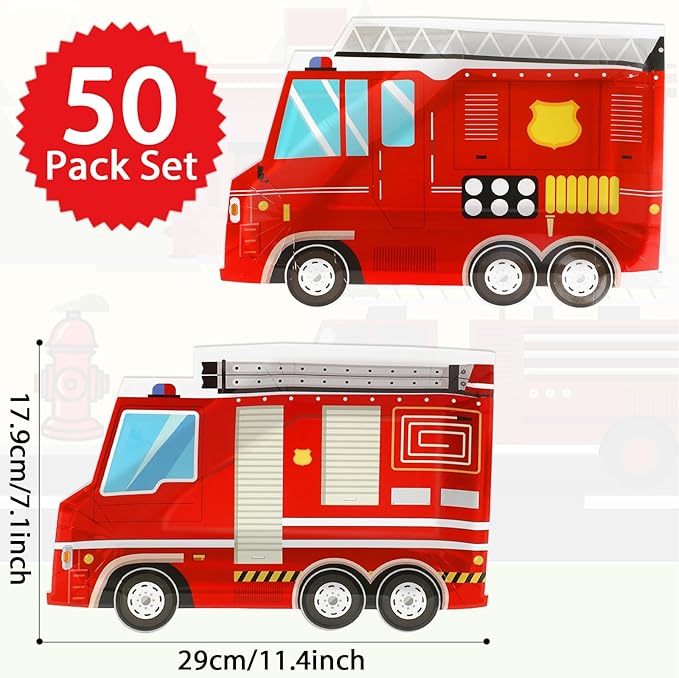 50 Pcs Firetruck Birthday Party Plates Fire Truck Shaped Disposable Plates Fireman Paper Plates Firefighter Dessert Plates for Firetruck Birthday Fireman Baby Shower Firefighter Table Party Supplies