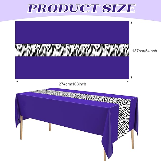 Buryeah 3 Pcs Zebra Tablecloth Zebra Print Plastic Table Cloth Disposable Tablecloth Animal Safari Table Cover 54 x 108'' for Baby Shower Wedding Birthday Party Decorations Supplies (Purple)