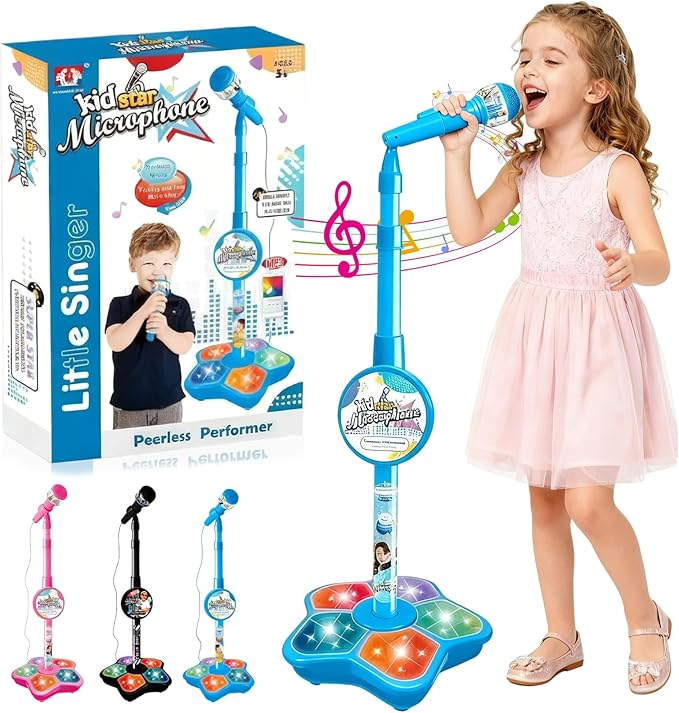 2026 New All-in-One Microphone Toy, Kids Microphone with Adjustable Stand, Speaker & LED Lights, Funny Karaoke Microphones Toy for Boys & Girls, Christmas Birthday Gifts for Little Singers (Blue)