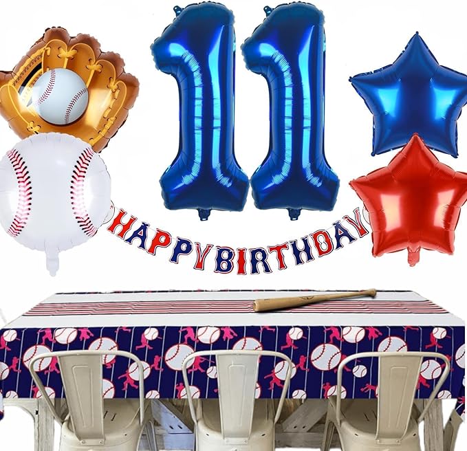 Baseball Balloons 11th Birthday Decorations for Boys | Baseball Birthday Decoration Sports Theme Party Supplies, 32Inch Foil Mylar Number 11 Balloon Navy Blue Red White Sports Balloon Arch Kits