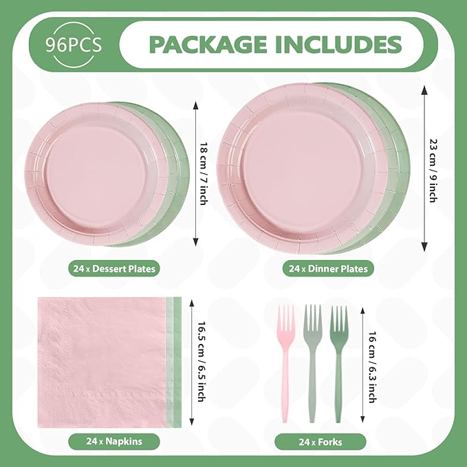 96Pcs Pink and Sage Green Birthday Party Decorations Pink Sage Green Dessert Plates and Napkins Sets Boho Bridal Shower Decorations for Girls Baby Shower Wedding Birthday Party Supplies Serves 24