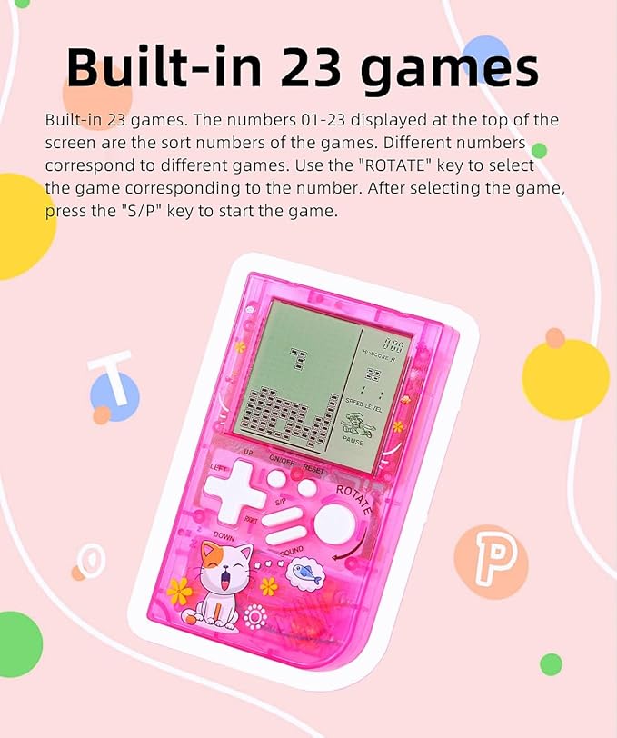 CZT Transparent Block Game Machine 23 Built-in Games Retro Children's Game Console Student Device Puzzle Handheld Console Electronic Brick Compact Portable Christmas Girl Gifts (Purple)