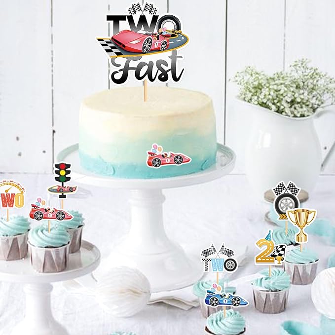 25PCS Race Car Cupcake Toppers Trophy Flag Racing Cake Selected Racing Theme, Car Theme Party Supplies Baby Shower Boy Birthday Party Cake Decoration