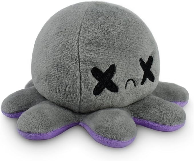 TeeTurtle Reversible Octopus Plushie 4-Inch Happy Purple + Dead Gray Two-Sided Flip Plush Toy with Embroidered Details - Cute Mini Collectible Plush for Kids, Teens, and Adults