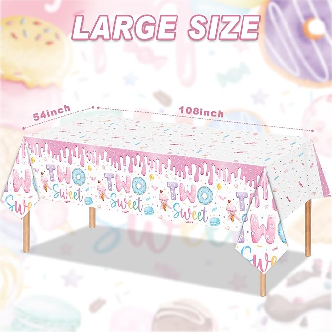 3 Pack Two Sweet Donut Birthday Party Tablecloths Decorations Girls for Children 2nd Birthday Supplies Table Decor 54 x 108 Inch