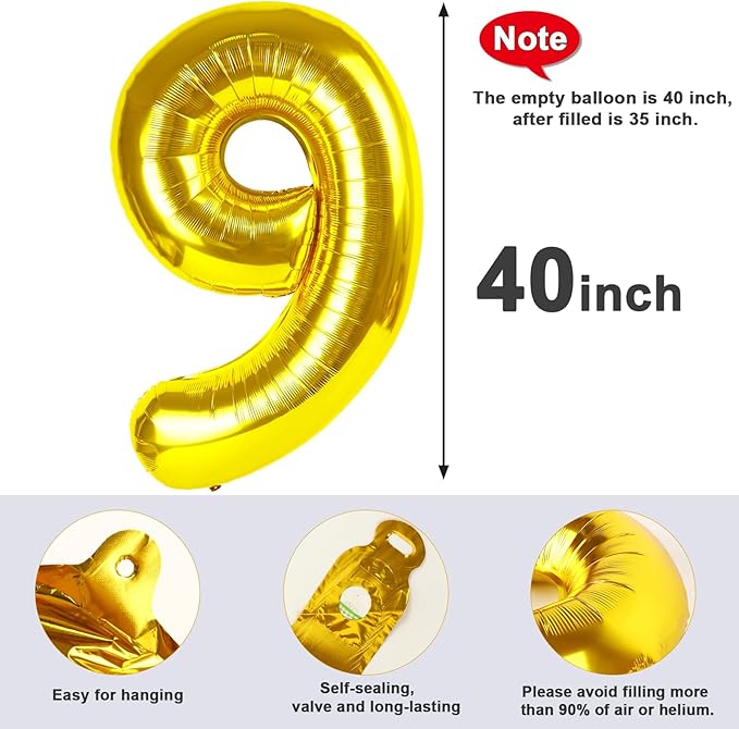 40 Inch Gold Numbers 9 Balloon, Balloons Decorations for 9 19 90 Birthday Party, Engagement, Wedding, Graduation, Photo Shoot Supplies