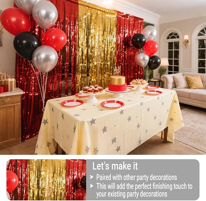 3 Packs Red Gold Foil Fringe Curtains Extra Wide 9.9ft for Birthday Party Tinsel Backdrop Movie Night Decor Farewell Party Streamer,Retirement Decorations, Backdrop for Graduations Each 3.3 x 6.5 ft