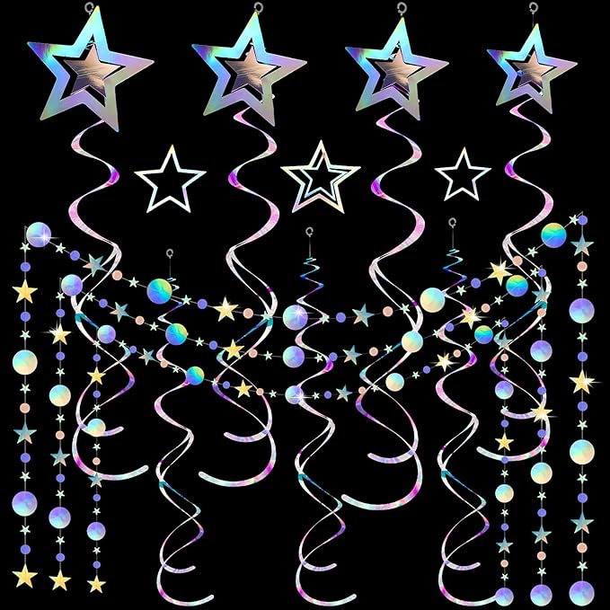 37 Pieces Iridescent Holographic Party Decorations Glitter Swirl Streamer Galaxy Garland Hanging Bling Star Party Supplies Circle Dot Swirl Streamer for Wedding Disco Birthday Decorations