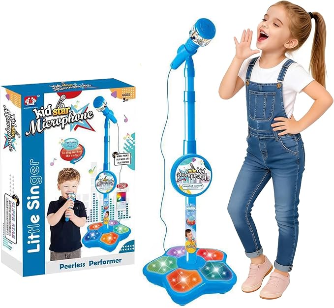 Karaoke Machine for Kids, Wireless Kids Microphone with Stand, Kids Star Microphone with Adjustable Stand & Led Lights, Battery Powered, for Girls Boys Singing Interaction (Blue)