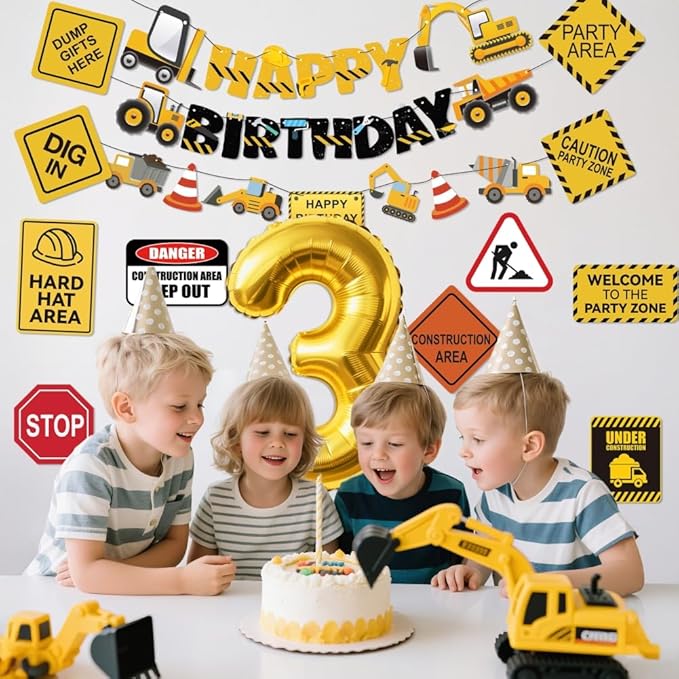 Construction 3rd Birthday Party Supplies Dump Truck Third Party Decorations Kits Set for Kids Three Years Old Birthday with Different Kinds Banner and Signs