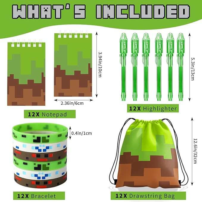 Pixel Theme Party Favors, Miner Game Birthday Party Supplies & Goodie Bags for Kids, Include Drawstring Bags Notebook Silicone Bracelet Highlighter for Gifts Fillers