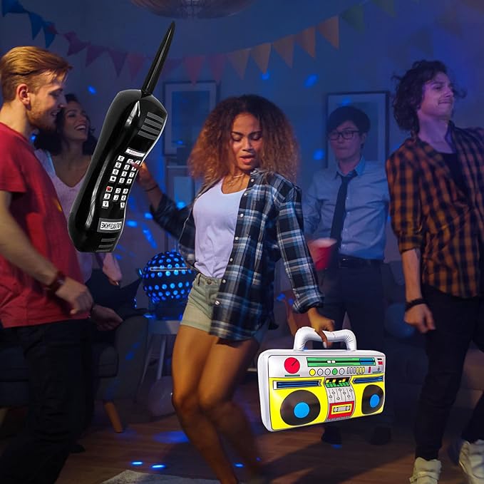 8 Pcs Inflatable Radio Boombox Retro Inflatable Mobile Phone Rock Inflatable Guitar Toy Set,Blow up Props for 80s 90s Party Decorations,Hip Hop Theme Birthday Party Supplies
