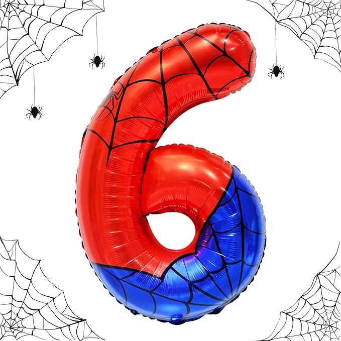 Spider Web Number 6 Balloon Birthday Decoration, Superhero Themed 40in Giant Mylar Number Party Supplies