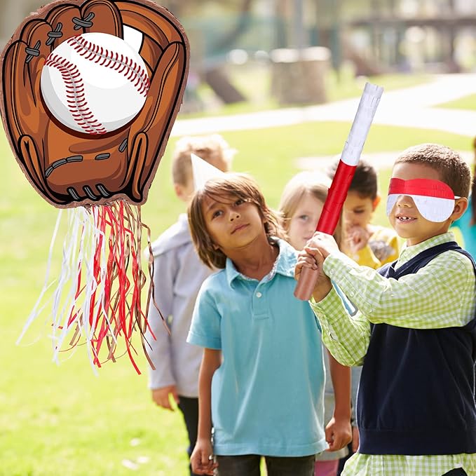Baseball Piñata with Blindfold Bat for Birthday Party Softball Paper Piñata Sports Balls Confetti Baseball Party Supplies for Birthday Party Decorations 13.19 x 13.19 x 3 Inch(Cool)