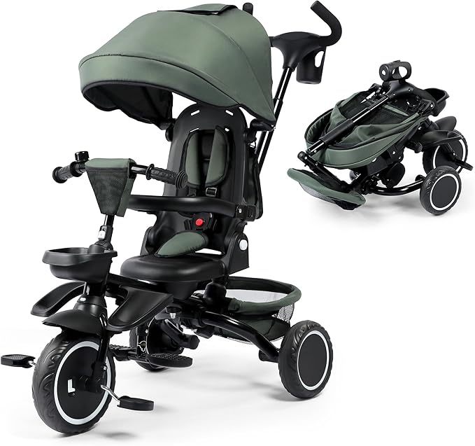 Kinder King Kids Tricycle, 8 in 1 Folding Toddler Trike w/Adjustable Push Handle, Rotatable Seat, Adjustable Canopy, Bell, Five-Point Harness, Storage, Bike Tricycle for Toddlers 1-3, Forest
