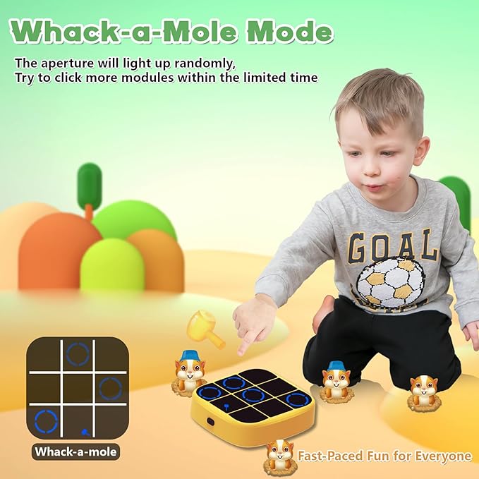 4-in-1 Electronic Tic Tac Toe Bolt Game with Mute Function, Handheld Puzzle Game Console Toys for Educational, Portable Travel Games, Board Games Gifts for Kids and Adults (Yellow)