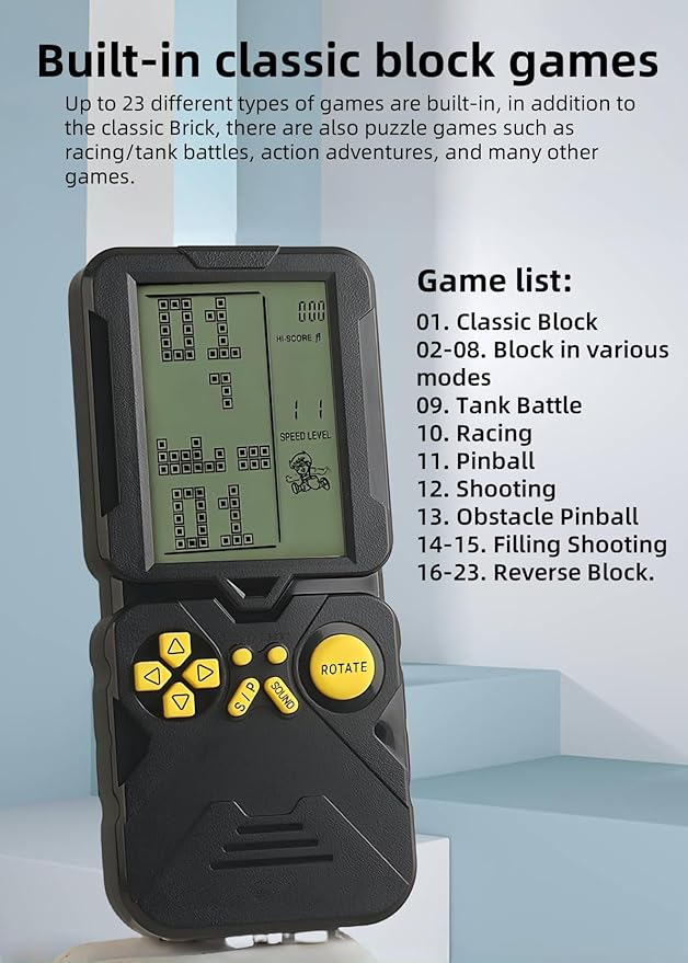 4.5-inch Block Retro Game Console Suitable for European/American Players Built-in 23 Games Racing/Tank war Adjustable Difficulty/Speed Gifts for Husbands/Boyfriends/Children Puzzle Toy (Black)