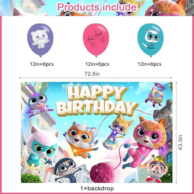 Super Cat Birthday Party Decoration,Kitties Party Photo Background 5 x 3 FT and 18 Pcs Balloon,Cat Merch Party Backdrop Supplies