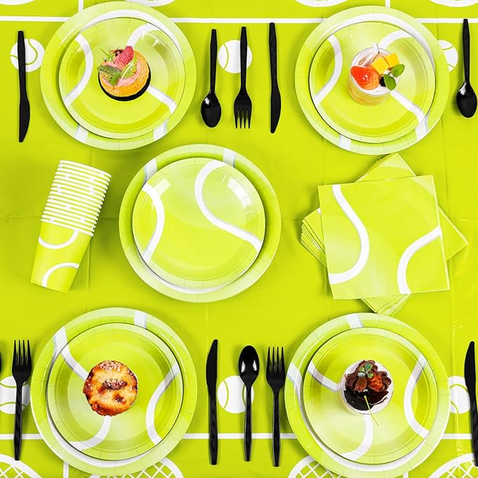 durony 169 Pieces Tennis Party Supplies Include 48 Tennis Dessert Plates 24 Tennis Paper Cups Plastic Tablecloth 24 Tennis Napkins 24 Knives 24 Forks 24 Spoons Tennis Disposable Tableware Set
