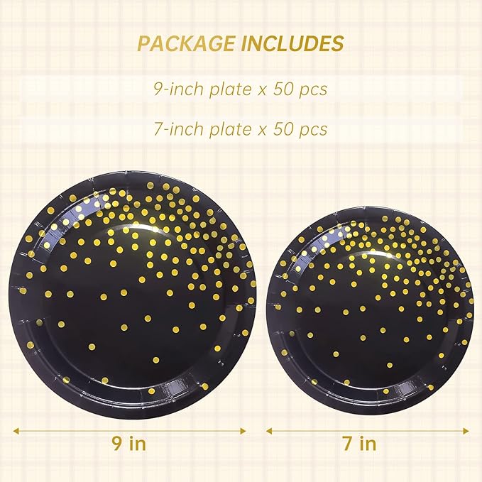 Black and Gold Party Supplies,Black Paper Dessert Plates,100 Pack - 50 x 9 and 50 x 7 Dinner Plates,Disposable Dinnerware Gold Dot Paper Plate for Birthday Retirement Anniversary Party