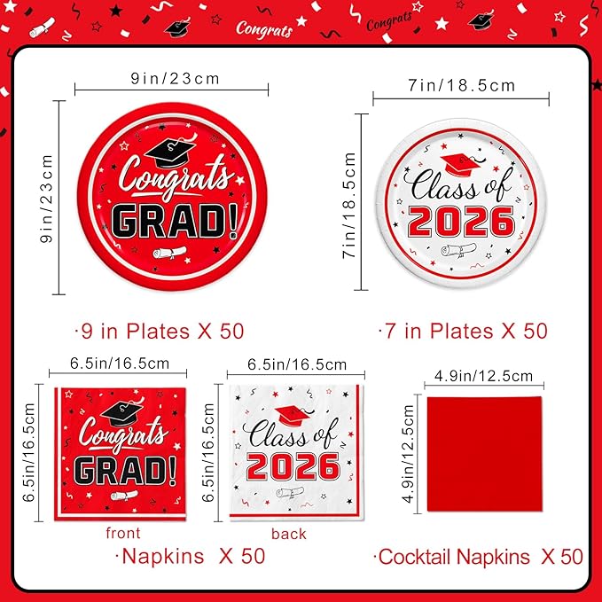 Oigco Graduation Red Party Supplies Kit Dinner Plates Dessert Plates and Napkins for Congrats Grad Party Decorations, Serves 50