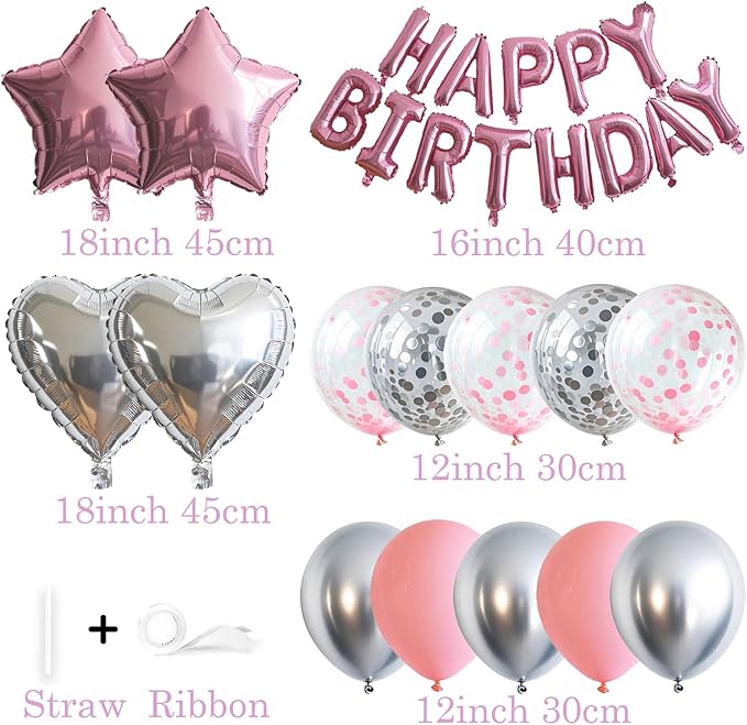 27 Pcs Pink Silver Birthday Decorations, 3D Letters Pink Happy Birthday Balloon Banner, Pentagram Heart Foil Balloons Confetti Balloons Kit For Boys Girls Party Supplies