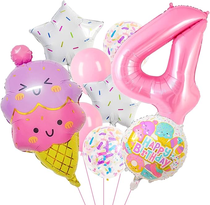 Pink Ice Cream Balloons, Number 4 Balloon, 4 Year Old Birthday Decorations, Ice Cream Balloon for Girls Birthday Party Decoration (4)