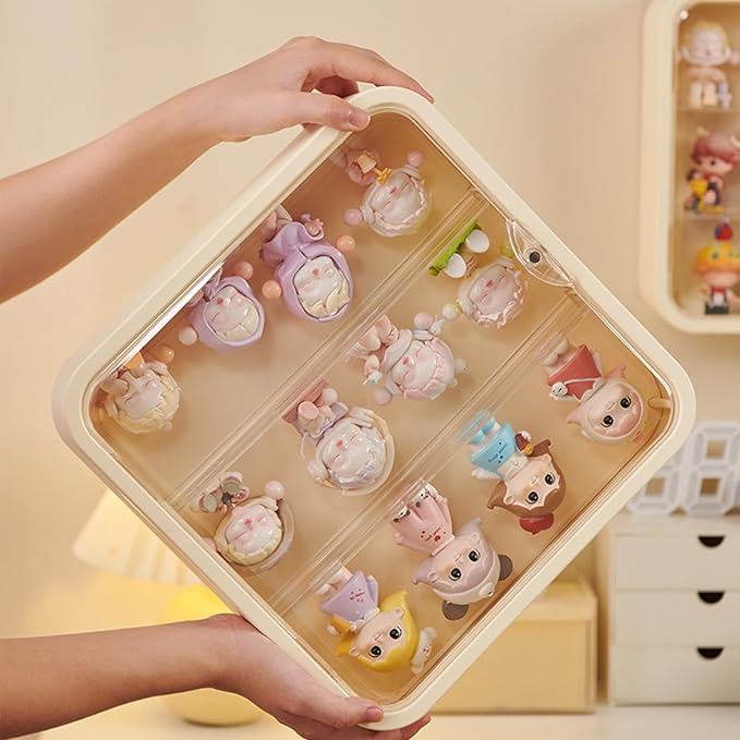 Clear Display Case for Figures, Wall-Mounted Doll Storage Box, Adjustable Display Stand with Door Dust and Moisture Proof Suitable for Lego Collectibles Action Figures Pop Mart (Cream)