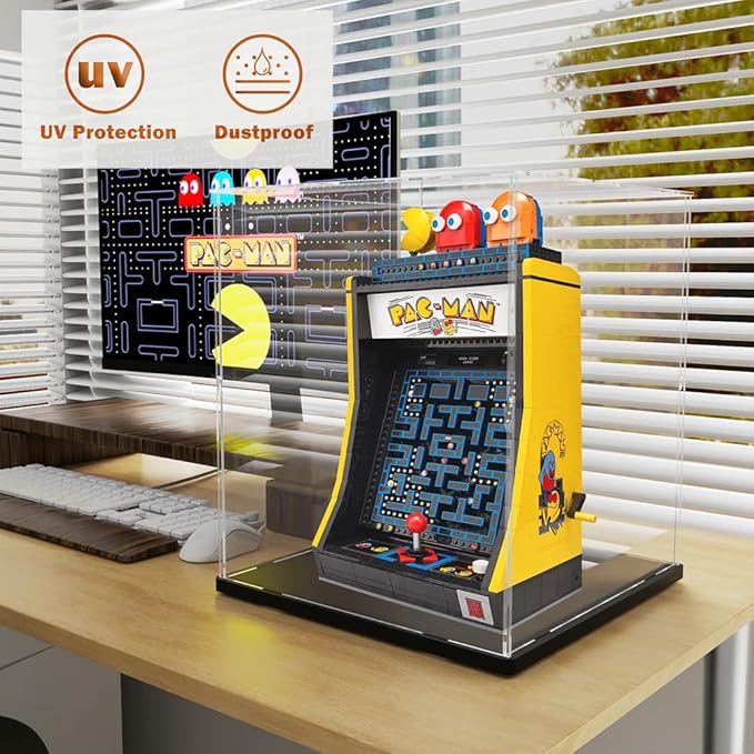 DuvinDD Acrylic Display Case for Lego Pac-Man Arcade Building Toy 10323, Dustproof Clear Display Box for Lego Tuxedo Cat 21349, 13.7 inch Tall Showcase for Trophy Doll