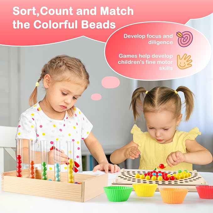 Montessori Toddler Learning Sorting Toys for 3-6 Year Olds - Rainbow Stacking, Number & Bead Matching Games with Wooden Peg Board, Develop Fine Motor Skills, Color & Math Skills