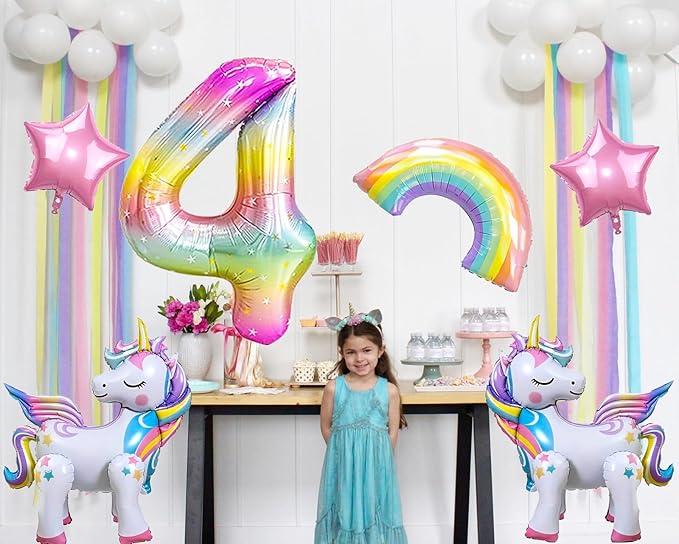 6PCS Self Standing Unicorn Balloons, Unicorn Balloon, Large Rainbow Balloon, Colorful Number 4 and Star Balloons for Girl 4th Birthday Party Decorations Supplies.(4th)
