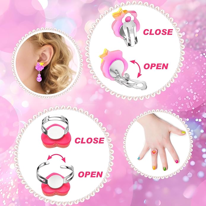 Kids Play Jewelry Sets, Princess Toys for Girls 4-6, 29 Pcs Little Girl Costume Jewelry, Unicorn Necklaces, Bracelets, Rings, Earrings, Dress Up Birthday Easter Gifts for Kids Pretend Play Party Favor