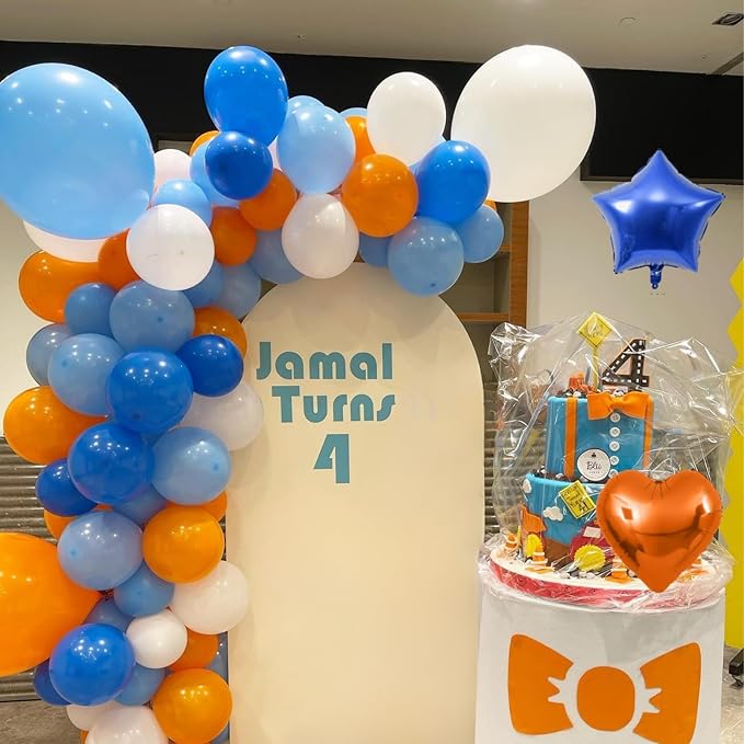 Blue and Orange Birthday Decorations,Royal Light Blue and Orange Decor Happy Birthday Banner Cake Topper Star Heart Foil Balloon for Kids Space Theme Party