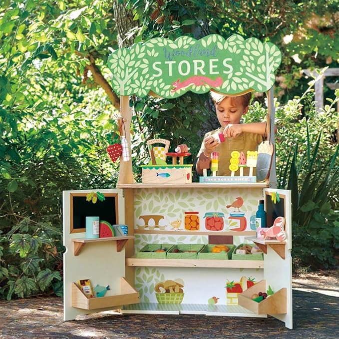 Tender Leaf Toys Woodland Store and Puppet Theater – 2 Sided Reversible Grocery Stand and Hand Puppeteer Stage - Social, Creative, and Imaginative Development – Expressive Role Play – Ages 3 Years +