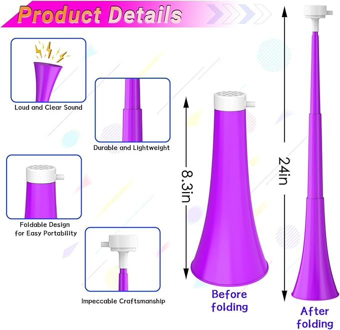 Collapsible Stadium Horn 24 Inch Vuvuzela Plastic Trumpet Blow Horns Noisemakers Loud Sound Soccer Cheer Horn for Sporting Events Graduation Games School Party Supplies Favors Accessories