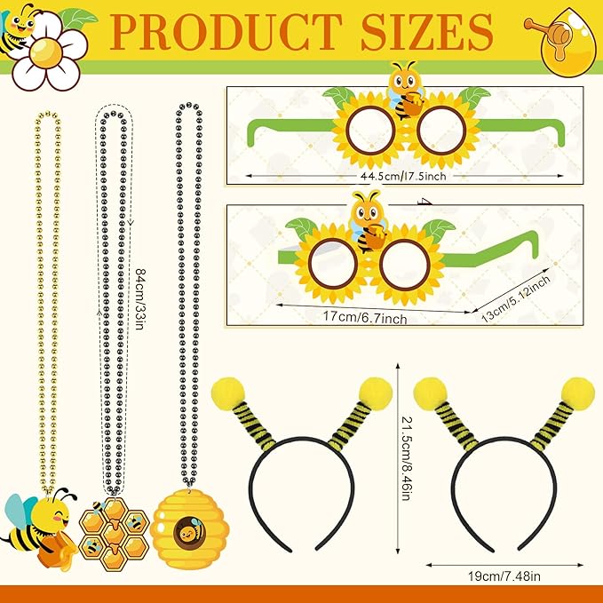Kingdder 36 Pcs Bee Party Supplies 12 Bee Honeycomb Sunflower Beaded Necklaces 12 Headbands 12 Touchdown Paper Glasses Prop Accessories for Spring Birthday Party Photo Booth Props Summer Decorations