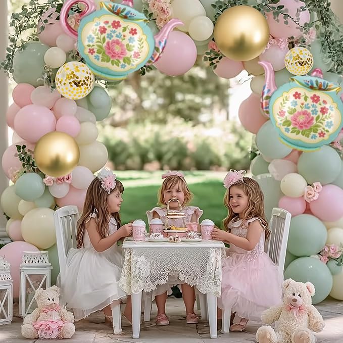4 Pcs Tea Party Balloons, 35" Huge Teapot Aluminum Foil Balloons for Birthday, Baby Shower, Wedding, Bridal, Engagement, Bachelorette, Princess, Let's Par Tea Garden Party Decorations Supplies