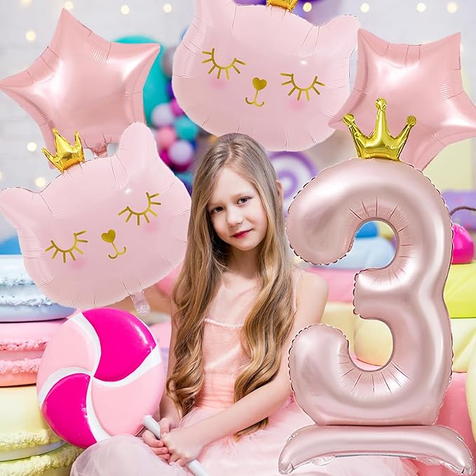 Pink Cat Balloon Set, Crown Cat Foil Balloon, 3 Year Old Girl Birthday Party Decoration, Cat Theme Party Decoration, Theme Party Supplies for Girls Kitten Pet Cat (3)