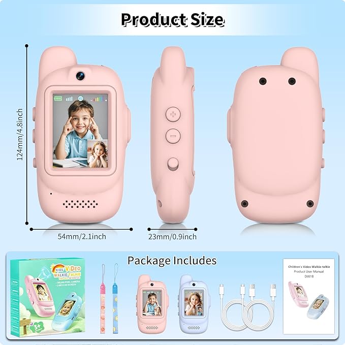 Video Walkie Talkies for Kids, Handheld 2 Pack Rechargeable Kids Video walkie talkies,Long Range Ideal for Family Games, Outside, Camping, Hiking (Pink & Blue A)