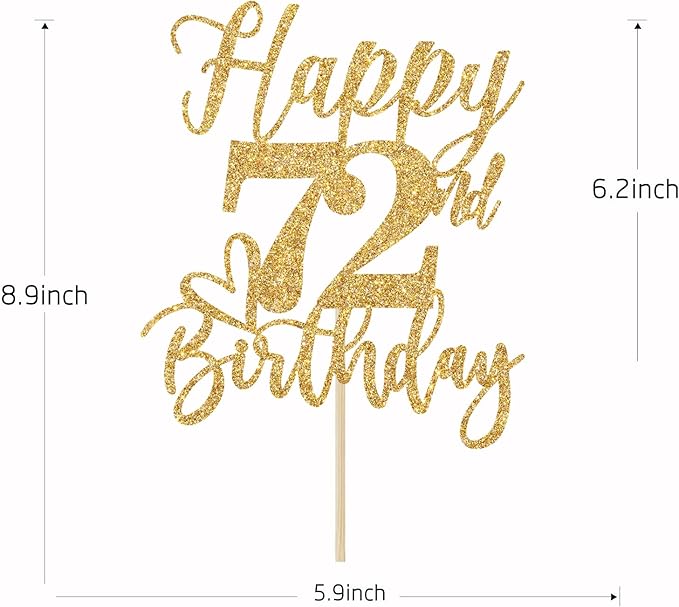 Happy 72nd Birthday Cake Topper, Decorations for Men/Women, Cheers to 72 Years, Hello 72, Party Supplies Gold Glitter