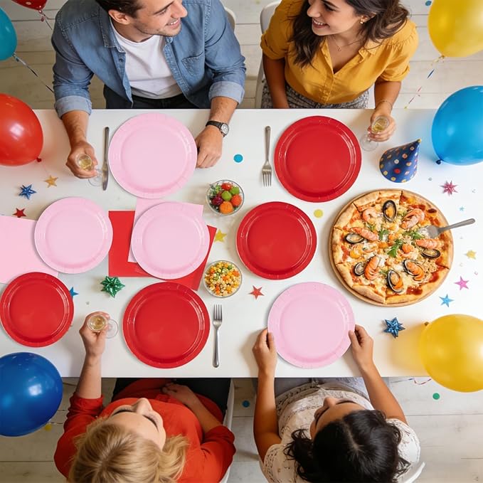 96Pcs Pink Red Birthday Party Decorations Red and Pink Plates and Napkins Disposable Solid Color Paper Tableware Set for Girls Women Birthday Mother's Day Bridal Shower Party Supplies Serves 24