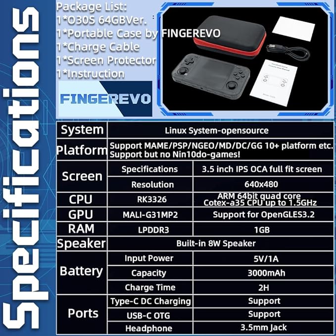 O30S Handheld Game Console 3.5-in 640*480 IPS OCA Screen 3000mAh Linux-opensource RK3326 o30s with Portable Case T-Black