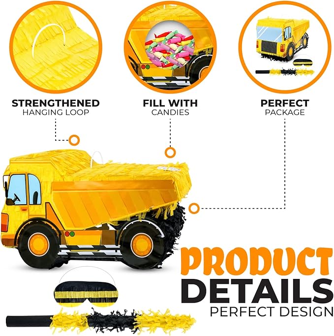 Small Dump Truck Pinata Bundle with a Blindfold and Bat(16 x 9 x 6.5 Inches), Kids Excavator Pinata for Construction Birthday Parties, Boys Birthday Party Supplies