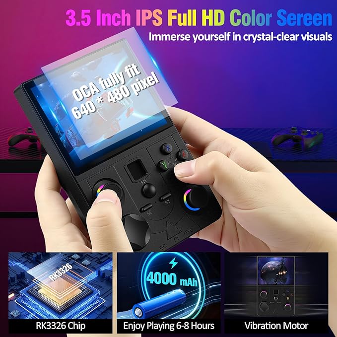 Retro Handheld Game Console, DC35V Retro Gaming Console 3.5’’IPS Screen Open Source Linux System Built-in 20000+Classic Games, 20+Emulators, Portable Video Gaming Console with 4000mAh Battery (Black)
